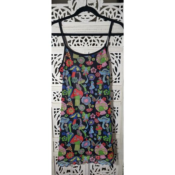 Wowo Psychedelic Mushroom 90’s Festival Skater Grunge Mesh Mini Slip Dress L - Picture 1 of 8